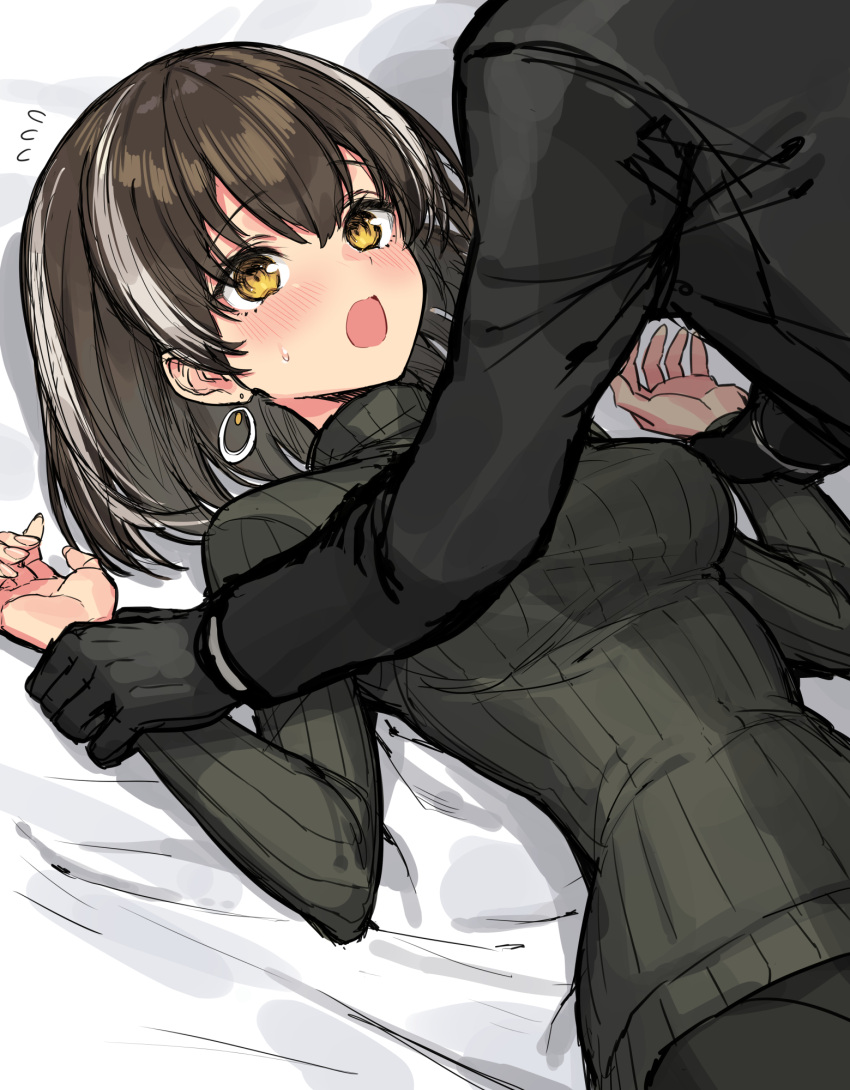 1girl 1other ambiguous_gender arknights bed_sheet black_gloves black_jacket black_pants black_suit black_sweater blush breasts brown_hair commentary earrings eyebrows_visible_through_hair formal gloves hair_between_eyes highres jacket jewelry long_sleeves magallan_(arknights) medium_breasts multicolored_hair open_mouth pants pinned ribbed_sweater short_hair sigm@ silver_hair streaked_hair suit sweat sweatdrop sweater sweating_profusely two-tone_hair upper_body yellow_eyes