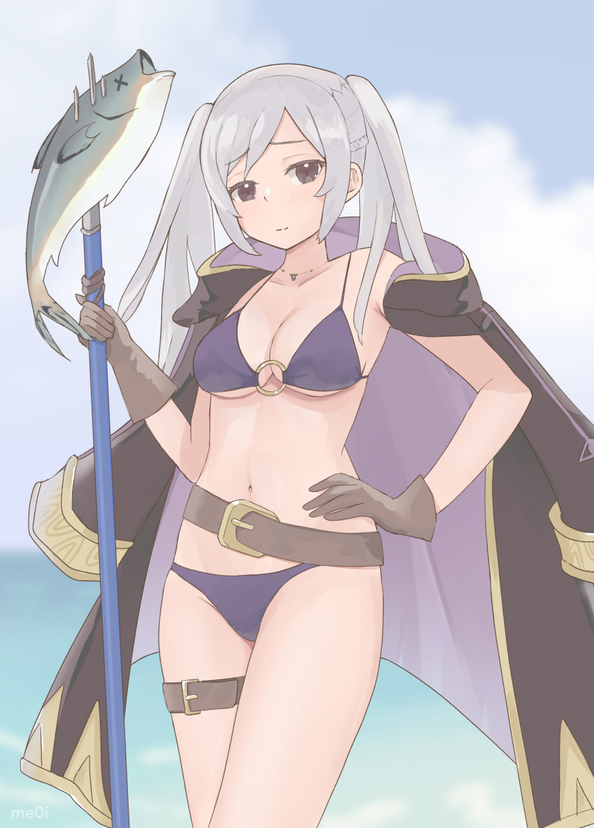 1girl absurdres beach belt bikini black_coat breasts brown_belt brown_eyes brown_gloves clouds cloudy_sky coat collarbone commentary cowboy_shot eyebrows_visible_through_hair fire_emblem fire_emblem_awakening fire_emblem_heroes fish gloves gold_trim hand_on_hip highres holding holding_weapon jewelry linea_alba looking_at_viewer me0i medium_breasts navel necklace o-ring o-ring_top ocean official_alternate_costume polearm purple_bikini robin_(fire_emblem) robin_(fire_emblem)_(female) shadow sky solo swimsuit thigh_strap trident weapon white_hair