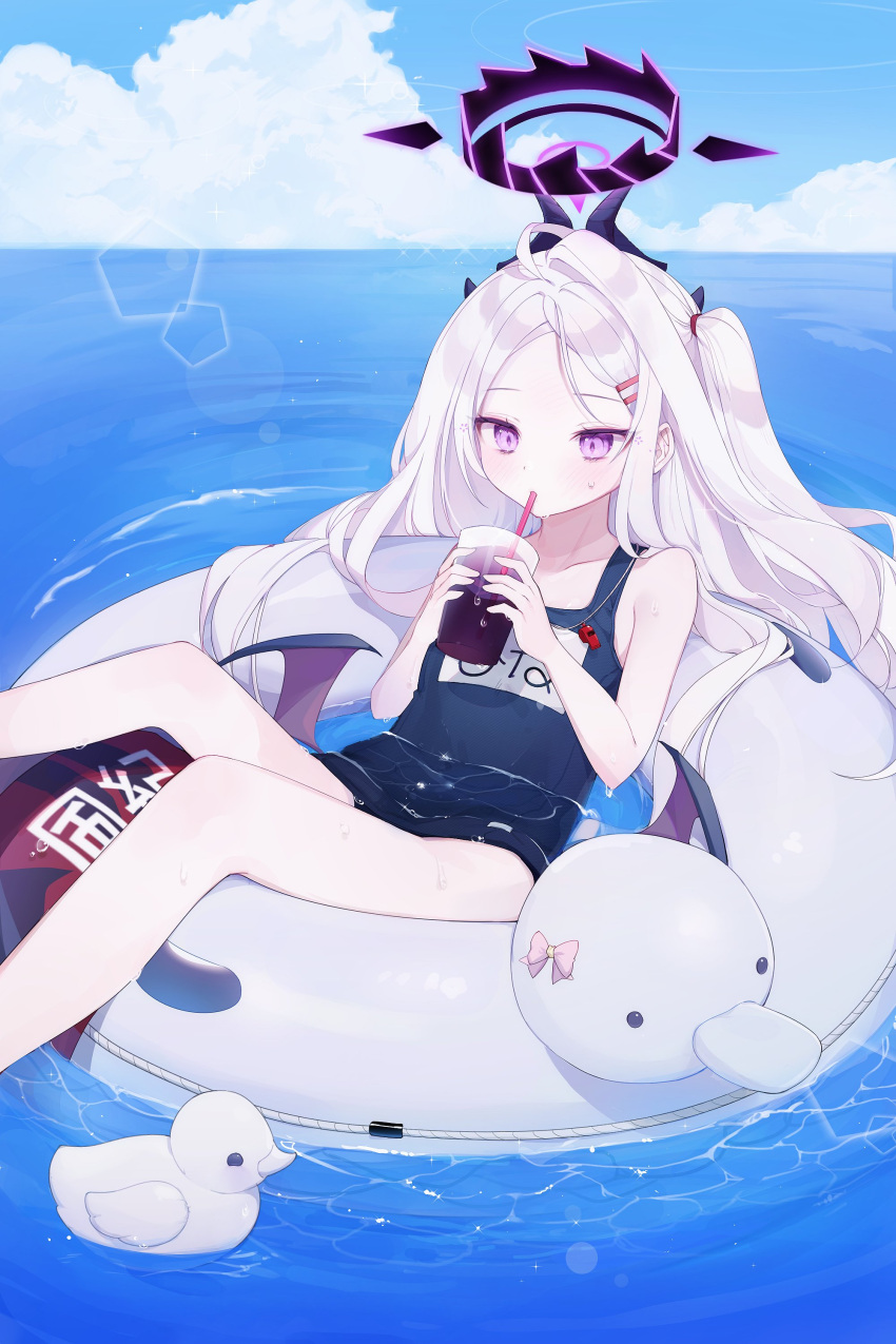 1girl absurdres blue_archive clouds collarbone drinking drinking_straw hair_ornament hairclip halo highres hina_(blue_archive) innertube long_hair ocean rubber_duck school_uniform silver_hair sitting sky solo violet_eyes water