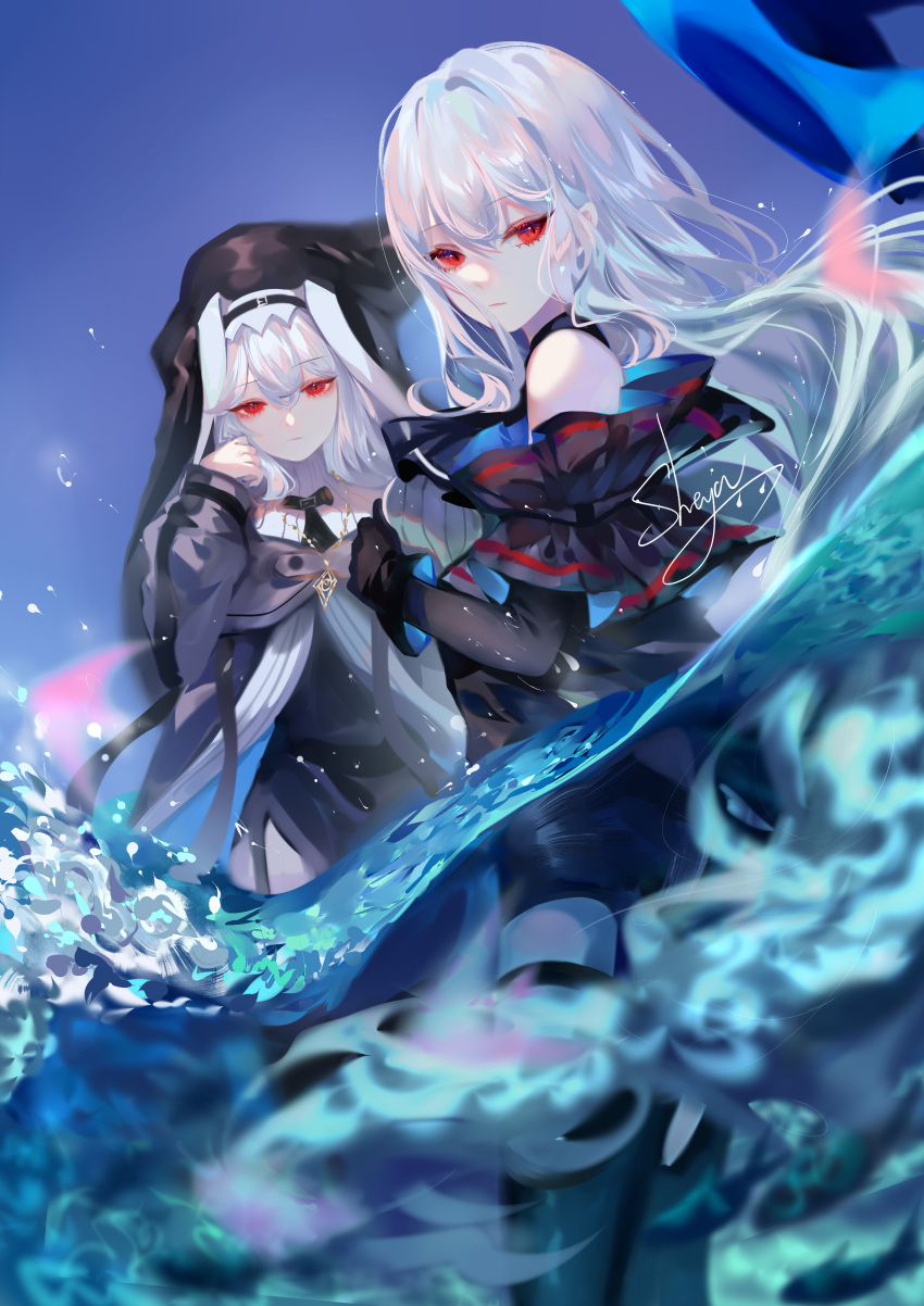 2girls absurdres arknights bangs bare_shoulders black_gloves black_pants commentary_request gloves habit hat hat_removed headwear_removed highres leggings long_hair long_sleeves looking_at_viewer multiple_girls pants red_eyes sheya silver_hair skadi_(arknights) smile specter_(arknights) symbol_commentary