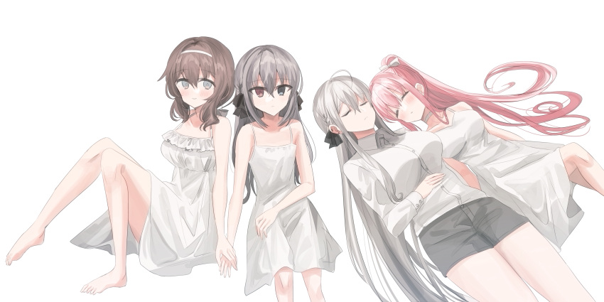 4girls absurdres ahoge bangs bare_arms bare_shoulders black_bow black_shorts blush bow braid breasts chihuri closed_eyes closed_mouth collared_shirt commentary_request dress dress_shirt ear_piercing earrings eve_(chihuri) eyebrows_visible_through_hair flat_chest frilled_dress frills grey_eyes grey_hair hair_between_eyes hair_bow hairband heterochromia high_ponytail highres jewelry knees_up long_hair long_sleeves looking_at_viewer lying medium_breasts multiple_girls on_back original parted_lips piercing pink_hair ponytail red_eyes renata_alekseevna_tsvetaeva shirt short_shorts shorts simple_background sitting sleeping sleeveless sleeveless_dress smile stud_earrings very_long_hair white_background white_bow white_dress white_hairband white_shirt yana_(chihuri) yuri zoya_petrovna_vecheslova