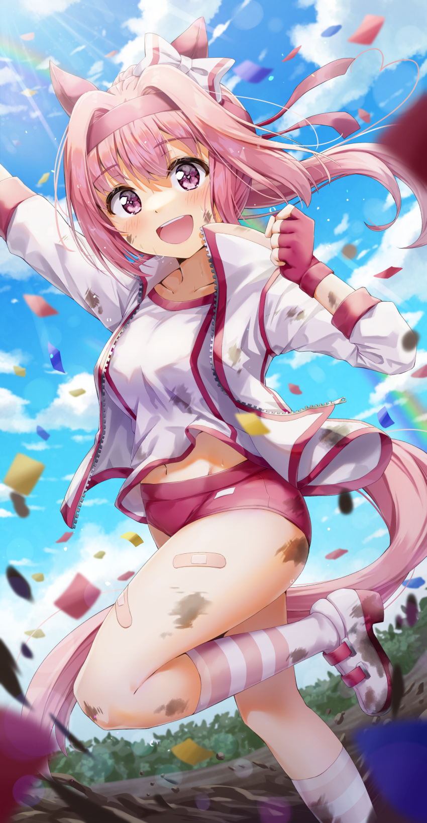 1girl :d arm_up bandaid bandaid_on_leg blue_sky blush breasts buruma clouds cloudy_sky collarbone commentary_request day dirty dirty_clothes dirty_face feet_out_of_frame fingerless_gloves flower-shaped_pupils gloves groin hand_up haru_urara_(umamusume) highres jacket kuria_(clear_trip_second) long_hair mud navel open_clothes open_jacket open_mouth outdoors pink_hair ponytail red_buruma red_gloves running shirt shoes sky small_breasts smile socks solo striped striped_legwear umamusume upper_teeth violet_eyes white_footwear white_jacket white_shirt