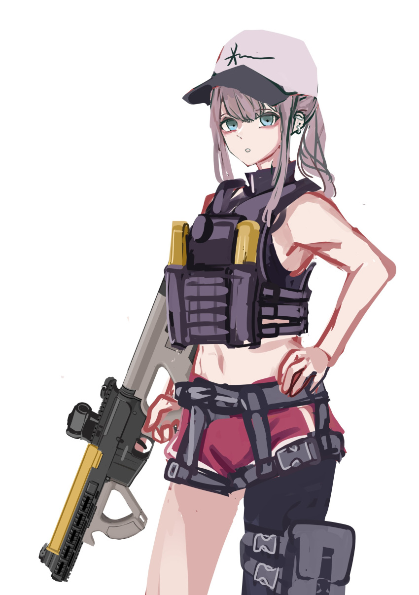 1girl absurdres ar-57 ar-57_(girls_frontline) armpits bangs bare_shoulders baseball_cap black_shirt blue_eyes breasts commentary commentary_request cowboy_shot crop_top dolphin_shorts ear_piercing ear_protection eyebrows eyebrows_visible_through_hair fingerless_gloves girls_frontline gloves gun hair_between_eyes hand_on_own_hip hat highres holding holding_weapon lithographica long_hair midriff piercing pink_hair ponytail shirt shorts sideboob single_glove single_leg_pantyhose sketch sleeveless sleeveless_shirt solo tactical_clothes tank_top trigger_discipline twitter_username watch watch weapon white_background