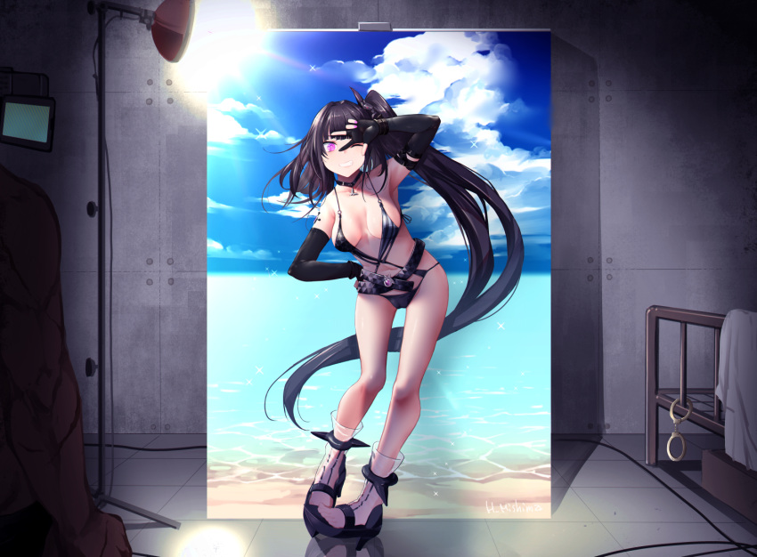 1boy 1girl architect_(girls_frontline) bangs bed belt black_hair black_swimsuit blue_sky breasts clouds cloudy_sky collarbone cuffs elbow_gloves girls_frontline gloves grin hand_on_hip handcuffs indoors long_hair looking_at_viewer medium_breasts mishima_hiroji navel one-piece_swimsuit one_eye_closed partially_fingerless_gloves pink_eyes pink_nails side_ponytail sky smile solo_focus standing swimsuit very_long_hair w