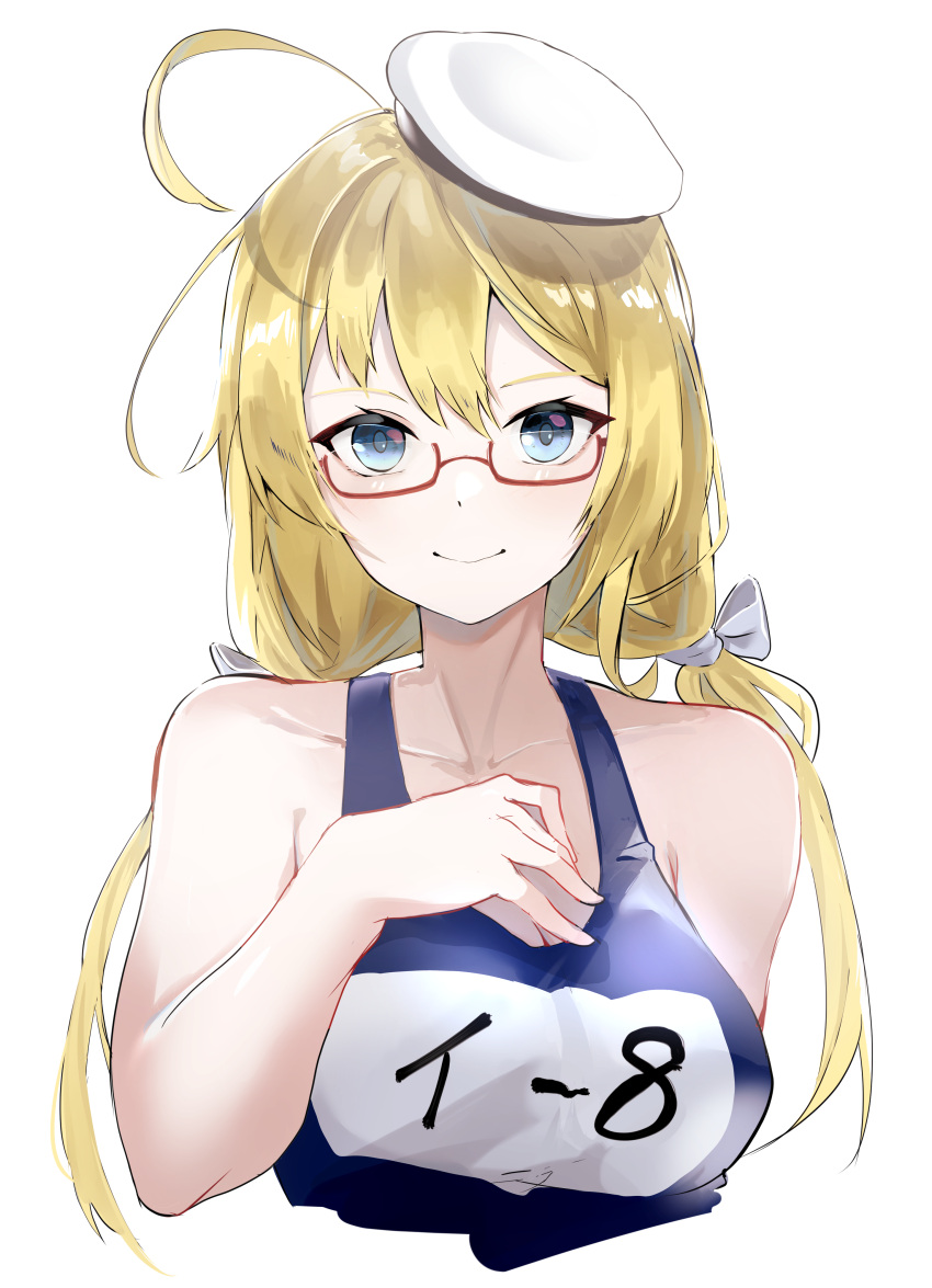 1girl absurdres blonde_hair blue_eyes breasts eyebrows glasses hair_between_eyes hand_on_own_chest hat highres i-8_(kancolle) kantai_collection large_breasts looking_at_viewer low_twintails name_tag one-piece_swimsuit peaked_cap red-framed_eyewear sailor_hat school_swimsuit semi-rimless_eyewear solo sui_(sui27shika) swimsuit tri_tails twintails under-rim_eyewear upper_body