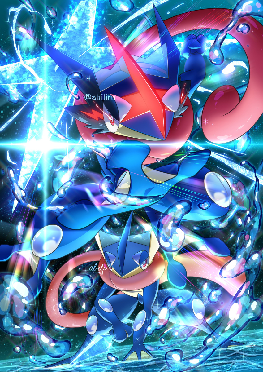 absurdres ash-greninja bright_pupils commentary_request gen_6_pokemon glowing glowing_eyes greninja highres legs_apart light_trail pink_eyes pokemer pokemon pokemon_(creature) red_eyes shuriken squatting water water_drop white_pupils