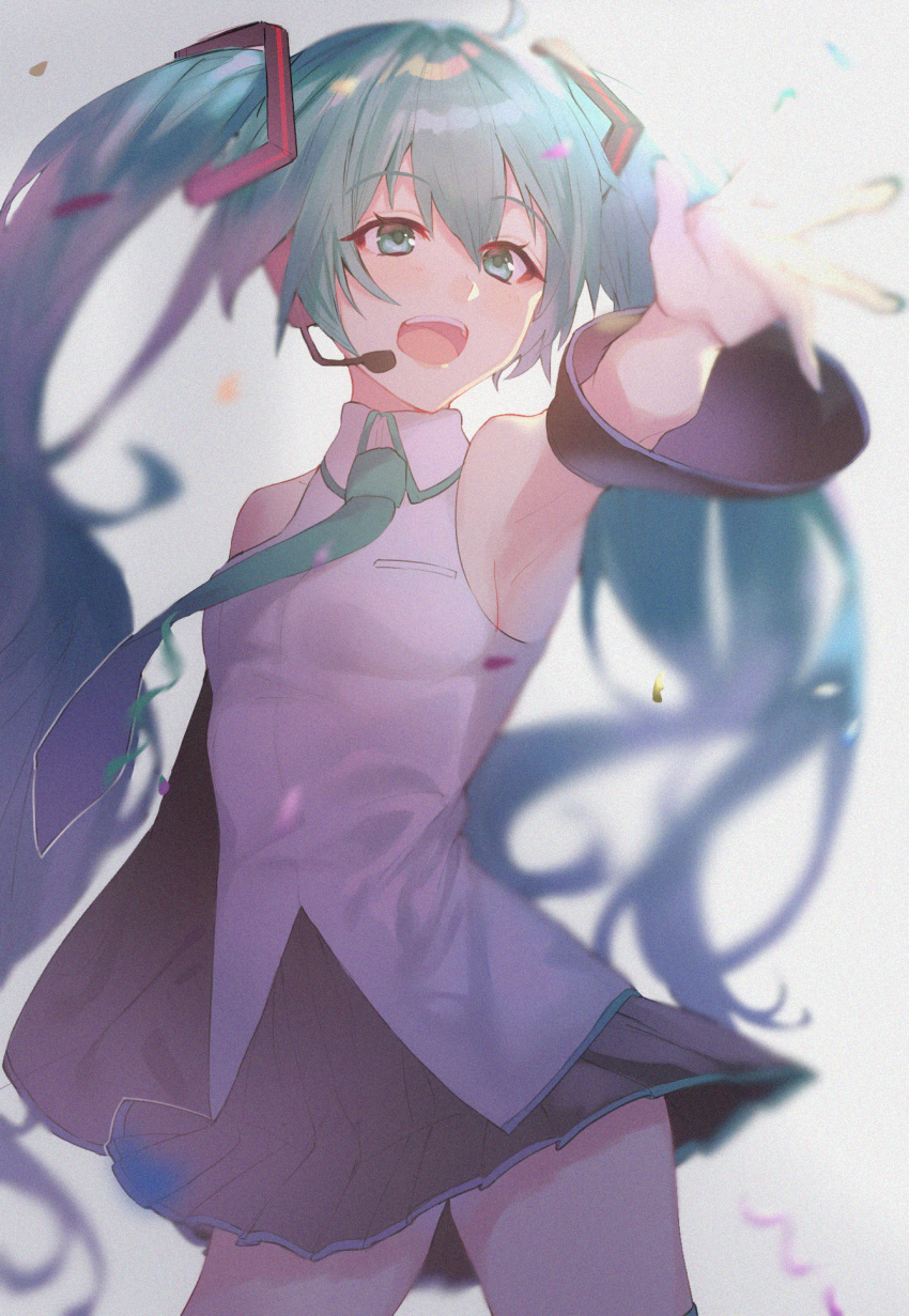1girl aqua_eyes aqua_hair aqua_neckwear armpits blurry breasts chip_le_cree contrapposto cowboy_shot depth_of_field detached_sleeves grey_vest hair_between_eyes hatsune_miku headset highres long_hair miniskirt necktie outstretched_arm pleated_skirt skirt small_breasts solo thigh-highs thighs twintails vest vocaloid white_background zettai_ryouiki