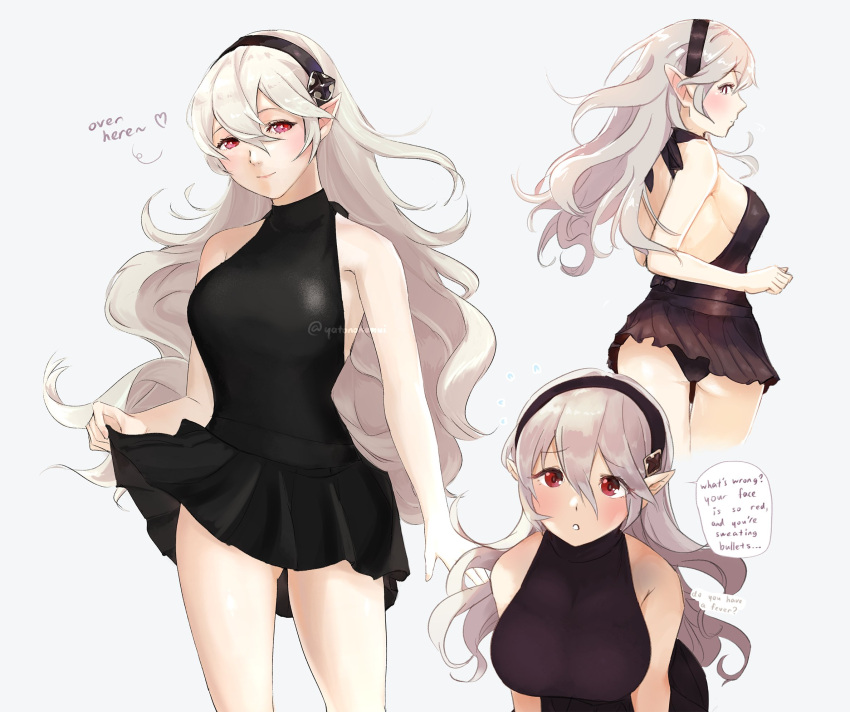 1girl alternate_costume ass back backless_dress backless_outfit bangs bare_shoulders black_dress black_hairband black_panties black_skirt blush breasts clothes_lift corrin_(fire_emblem) corrin_(fire_emblem)_(female) dress english_text eyebrows_visible_through_hair fire_emblem fire_emblem_fates hair_between_eyes hairband heart highres large_breasts lips long_hair looking_at_viewer looking_back manakete panties parted_lips pink_lips pointy_ears red_eyes short_dress sideboob silver_hair simple_background skirt skirt_hold skirt_lift sleeveless sleeveless_dress smile sobasakuhin solo speech_bubble symbol_commentary teeth thighs twitter_username underwear white_background