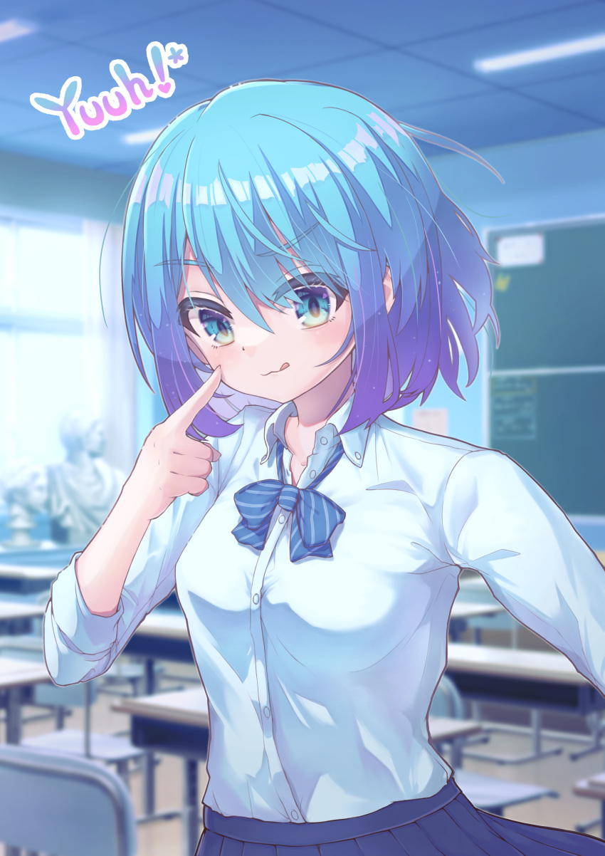 1girl :q absurdres bangs blue_bow blue_eyes blue_hair blue_skirt bow bowtie breasts bust_(sculpture) character_name classroom closed_mouth collared_shirt commentary_request cookie_(touhou) desk eyebrows_visible_through_hair gradient_hair hair_between_eyes highres kitsune_kemono looking_at_viewer medium_breasts multicolored_hair purple_hair shirt shirt_tucked_in short_hair skirt smile solo striped striped_neckwear tongue tongue_out upper_body white_shirt yuuhi_(cookie)