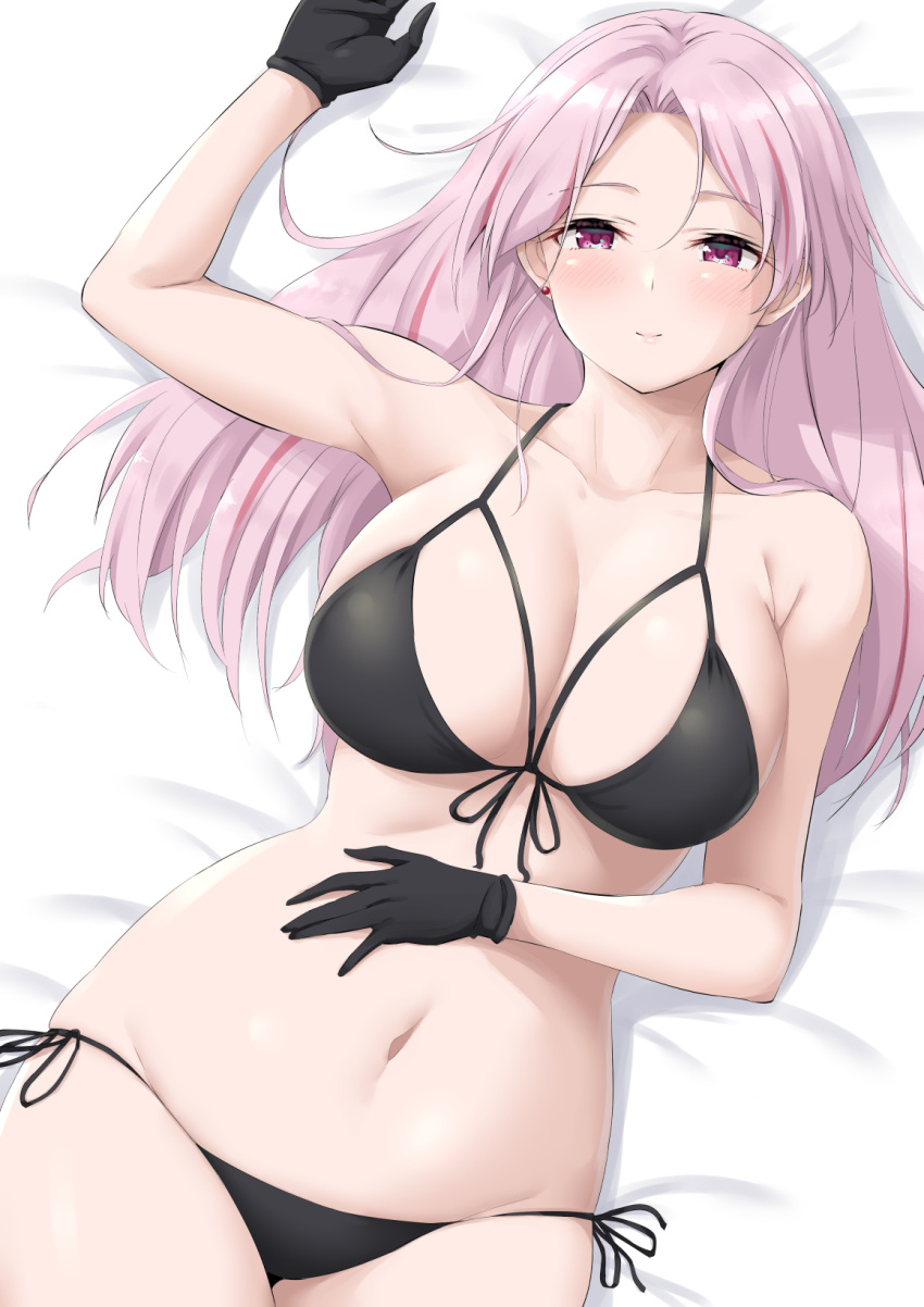 1girl alternate_costume bikini black_bikini black_gloves breasts collarbone front-tie_bikini front-tie_top gloves highres kantai_collection large_breasts long_hair luigi_di_savoia_duca_degli_abruzzi_(kancolle) lying navel on_back pink_eyes pink_hair side-tie_bikini solo string_bikini swimsuit takomeshi