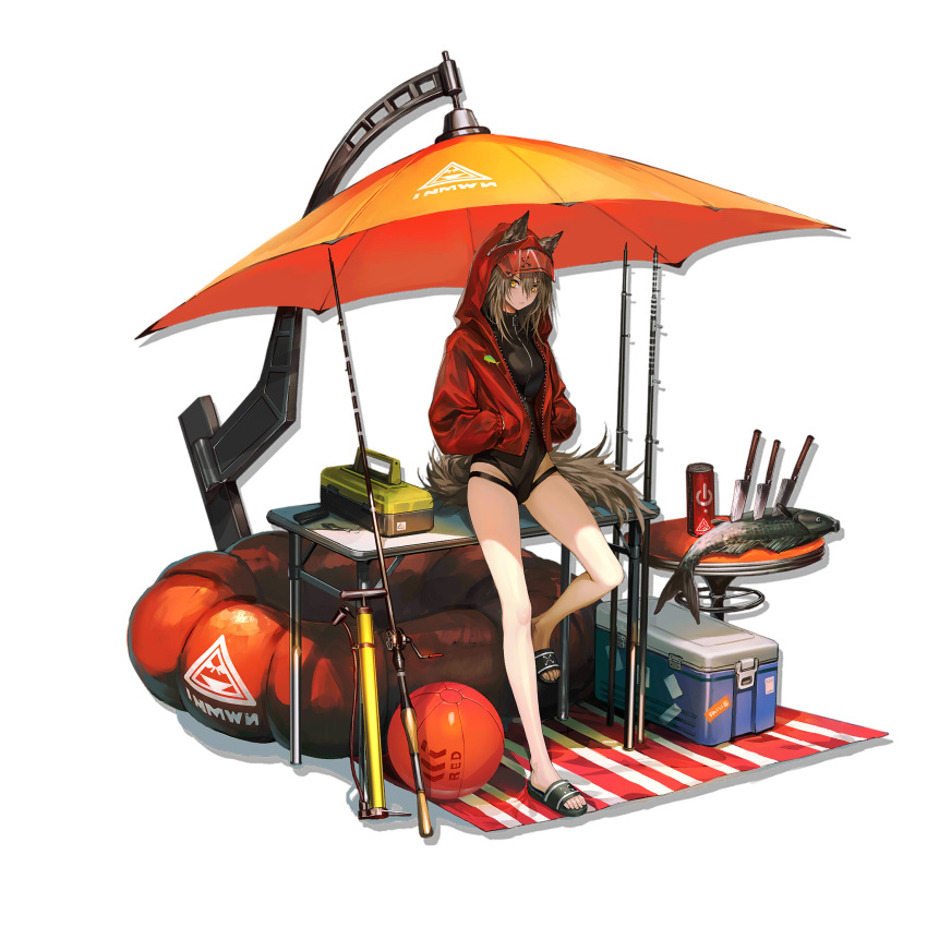 1girl animal_ears arknights ball beach_umbrella beachball bicycle_pump black_swimsuit character_name cooler ears_through_headwear english_text fish fishing_rod grey_hair hair_between_eyes hands_in_pockets highleg highleg_swimsuit highres hood hood_up hooded_jacket inflatable_raft infukun jacket knife long_hair long_sleeves looking_at_viewer official_alternate_costume one-piece_swimsuit open_clothes open_jacket orange_umbrella projekt_red_(arknights) projekt_red_(light_breeze)_(arknights) red_jacket solo swimsuit tackle_box tail transparent_background umbrella wolf_ears wolf_girl wolf_tail yellow_eyes