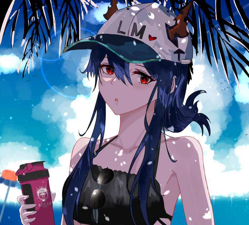 1girl arknights baseball_cap bikini black_bikini blue_hair ch'en_(arknights) chestnut_mouth clouds cloudy_sky coconut_tree dragon_horns eyewear_removed female_tourist_c_(arknights) hat highres holding_flask horns horns_through_headwear jannong long_hair looking_at_viewer palm_tree red_eyes shadow sky solo summer sunglasses swimsuit tree upper_body