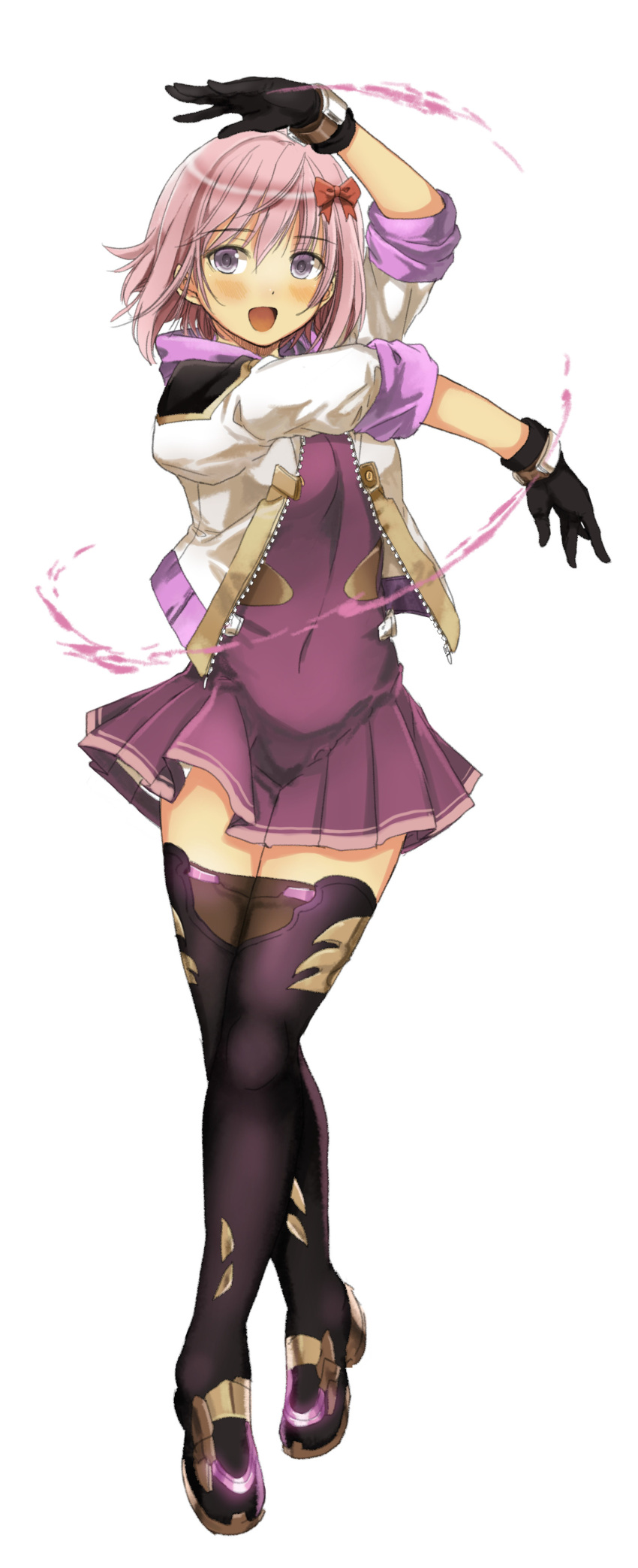 1girl absurdres bangs black_footwear black_gloves bow breasts dress garimpeiro gloves hair_bow highres jacket open_hands open_mouth original pose purple_dress purple_hair red_bow short_hair small_breasts smile solo thigh-highs violet_eyes white_background white_jacket