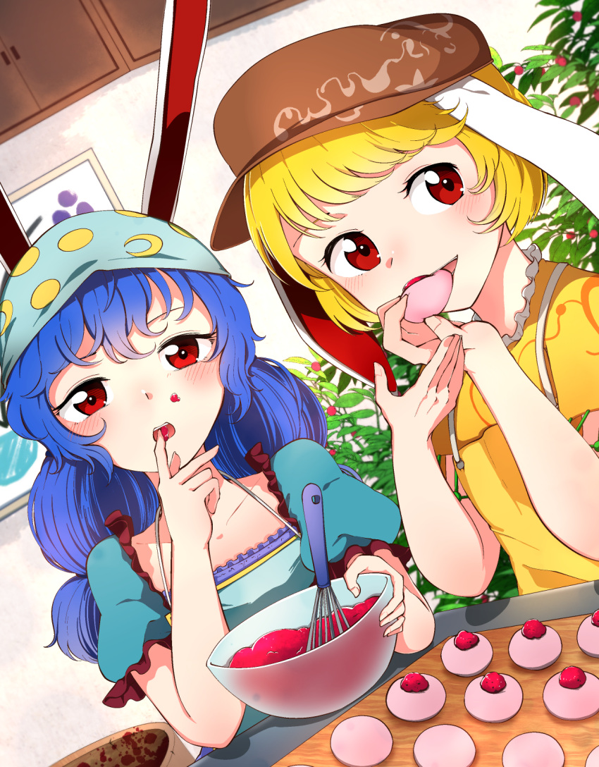 2girls alternate_headwear animal_ears baking bangs blonde_hair blue_hair blush brown_headwear cabbie_hat cabinet commentary_request commission cookie crescent_print dutch_angle eating eyebrows_behind_hair finger_in_mouth flat_chest food food_in_mouth hat highres holding holding_food indoors kaisenpurin long_hair looking_at_viewer low-tied_long_hair mixing_bowl multiple_girls puffy_short_sleeves puffy_sleeves rabbit_ears red_eyes ringo_(touhou) seiran_(touhou) short_hair short_sleeves skeb_commission swept_bangs touhou upper_body