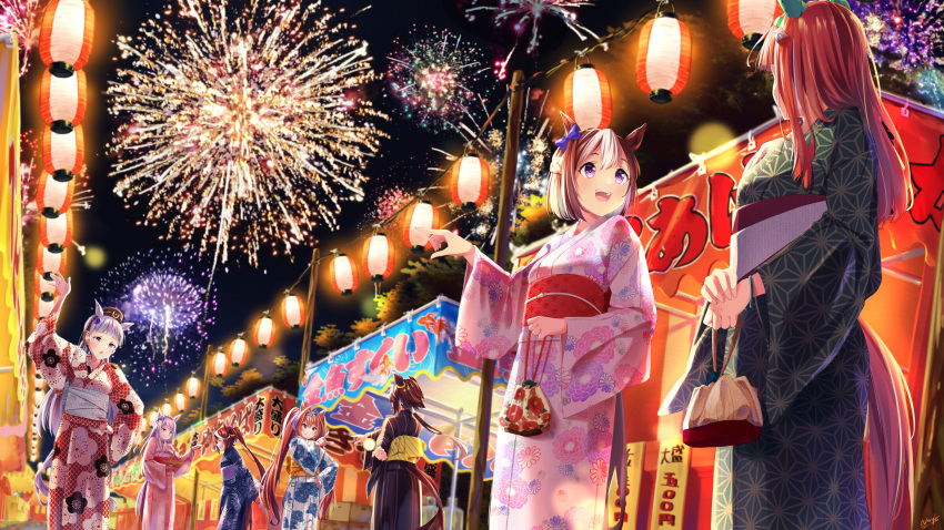 6+girls absurdres alternate_costume animal_ears bangs black_kimono blue_kimono blunt_bangs bow braid brown_hair clenched_teeth commentary daiwa_scarlet_(umamusume) ear_bow ear_covers ear_ornament festival fireworks floral_print french_braid gold_ship_(umamusume) green_kimono hair_intakes high_ponytail highres horse_ears horse_girl horse_tail huge_filesize japanese_clothes kimono kinchaku lantern long_hair long_sleeves mejiro_mcqueen_(umamusume) multicolored_hair multiple_girls night noyk_iv obi orange_hair paper_lantern pillbox_hat pink_kimono pointing pouch purple_bow purple_hair red_eyes red_kimono sash silence_suzuka_(umamusume) silver_hair special_week_(umamusume) tail tail_through_clothes teeth tiara tokai_teio_(umamusume) twintails two-tone_hair umamusume very_long_hair violet_eyes vodka_(umamusume) white_hair yukata