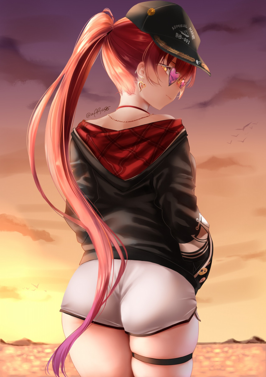 1girl ass ass_focus bikini bird black_jacket cowboy_shot earrings english_commentary from_behind hands_in_pockets heart heart-shaped_eyewear heart_earrings highres hololive hood hooded_jacket houshou_marine jacket jewelry long_hair looking_back necklace official_alternate_costume official_alternate_hairstyle ponytail redhead sideways_hat signature solo sunset swimsuit thigh_strap very_long_hair virtual_youtuber water yellow_eyes zasshu