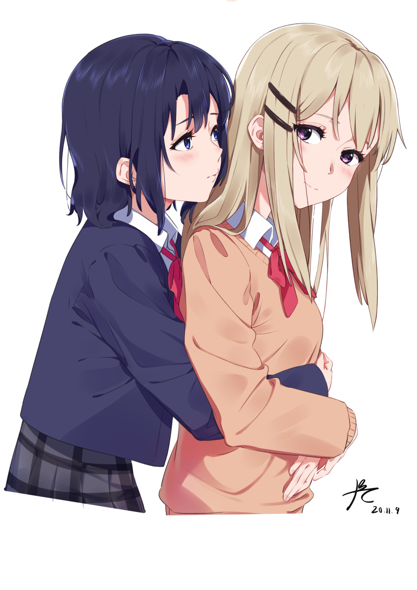 2girls absurdres adachi_sakura adachi_to_shimamura bangs black_hair black_jacket black_skirt blazer blonde_hair blue_eyes bow bowtie brown_sweater closed_mouth collared_shirt commentary_request cropped_torso dated hair_ornament hairclip highres hug hug_from_behind jacket long_hair long_sleeves looking_at_another looking_back medium_hair multiple_girls plaid plaid_skirt ppchen red_neckwear school_uniform shimamura_hougetsu shirt signature simple_background skirt sweater upper_body violet_eyes white_background white_shirt yuri
