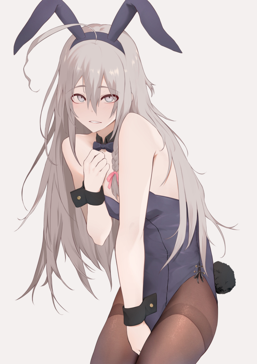 1girl ahoge animal_ears bow bowtie braid covering covering_crotch fake_animal_ears fake_tail gobi_(jtnyrwbkohiqsuldg) grey_background grey_eyes grey_hair highres hoshi_syoko idolmaster idolmaster_cinderella_girls long_hair looking_at_viewer playboy_bunny rabbit_tail simple_background single_braid solo tail very_long_hair