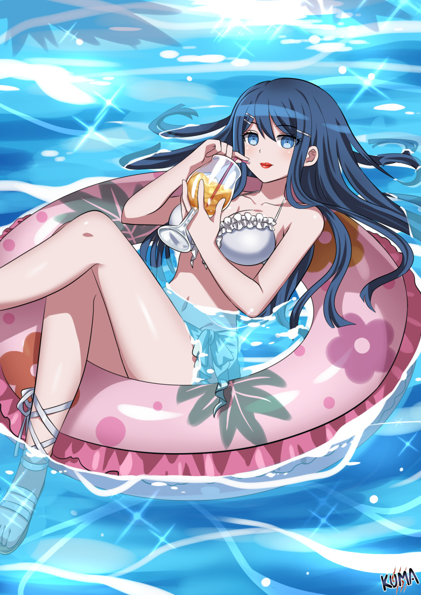 1girl artist_name bangs bare_arms bare_legs bikini blue_eyes breasts closed_mouth collarbone commission dangan_ronpa:_trigger_happy_havoc dangan_ronpa_(series) dangan_ronpa_s:_ultimate_summer_camp drinking drinking_straw english_commentary eyebrows_visible_through_hair foot_out_of_frame frilled_bikini frills hair_ornament hairclip highres holding in_water innertube lewdkuma long_hair looking_at_viewer lying maizono_sayaka medium_breasts navel outdoors red_lips sandals second-party_source smile solo swimsuit water