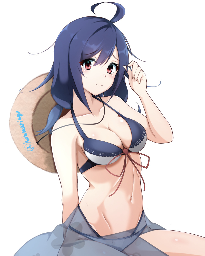 1girl absurdres ahoge bikini blue_hair breasts collarbone hair_flaps highres honma_(honmatomohiro) kantai_collection low_twintails medium_breasts navel official_alternate_costume red_eyes sarong solo swimsuit taigei_(kancolle) twintails