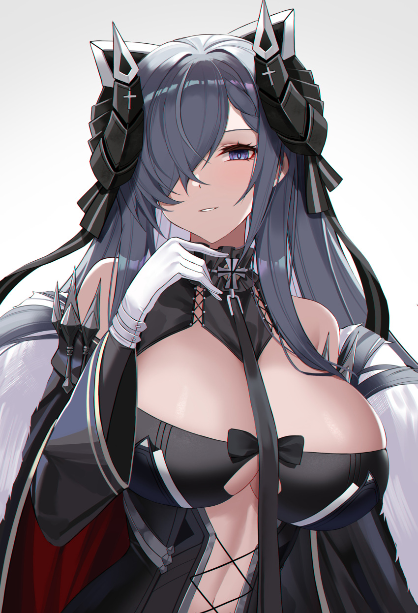 1girl absurdres august_von_parseval_(azur_lane) azur_lane bangs black_dress black_ribbon breasts cape clothing_cutout commentary_request dress eternity_(shadeh) fur-trimmed_cape fur_trim gloves grey_hair hair_over_one_eye hair_ribbon hand_up highres horns iron_cross large_breasts long_hair long_sleeves looking_at_viewer mechanical_horns midriff parted_lips ribbon simple_background smile solo upper_body violet_eyes white_background white_gloves wide_sleeves