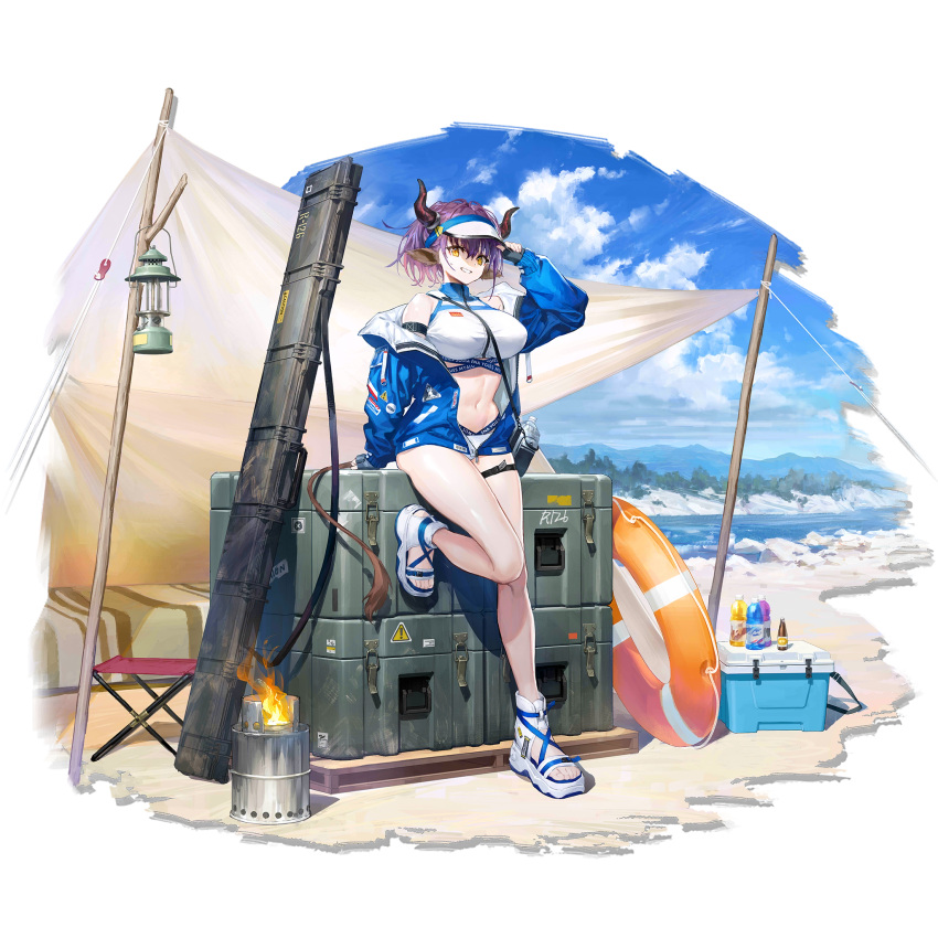 1girl arknights arm_up bangs bare_legs bare_shoulders bikini blue_jacket blue_sky breasts clouds cooler day fire flame full_body grin highres horns innertube jacket lantern large_breasts long_sleeves looking_at_viewer navel off_shoulder official_art open_clothes open_jacket outdoors purple_hair sandals sho_(sho_lwlw) short_hair sideroca_(arknights) sideroca_(light_breeze)_(arknights) sky smile solo standing standing_on_one_leg stomach swimsuit thigh_strap thighs transparent_background visor_cap white_bikini white_footwear yellow_eyes