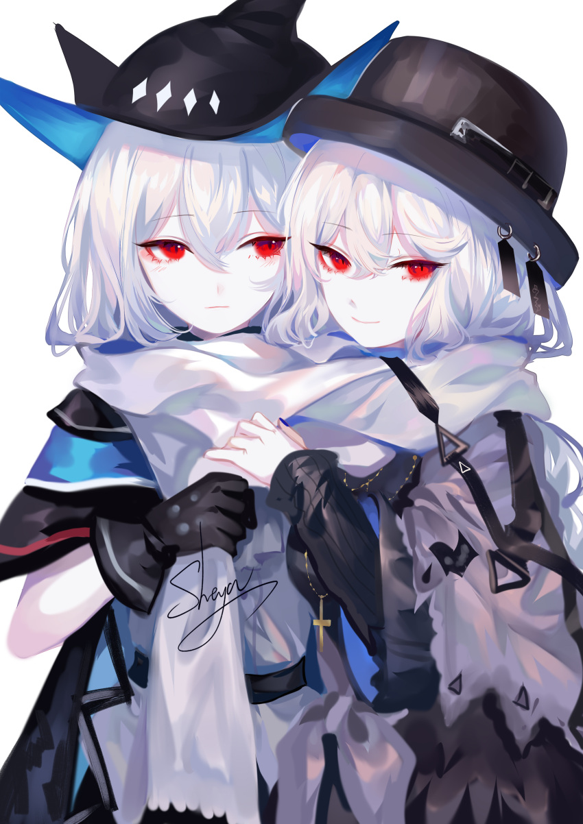 2girls absurdres arknights artist_name black_gloves black_headwear commentary gloves grey_scarf highres multiple_girls scarf sheya signature silver_hair simple_background skadi_(arknights) specter_(arknights) specter_(undercurrent)_(arknights) symbol_commentary upper_body white_background