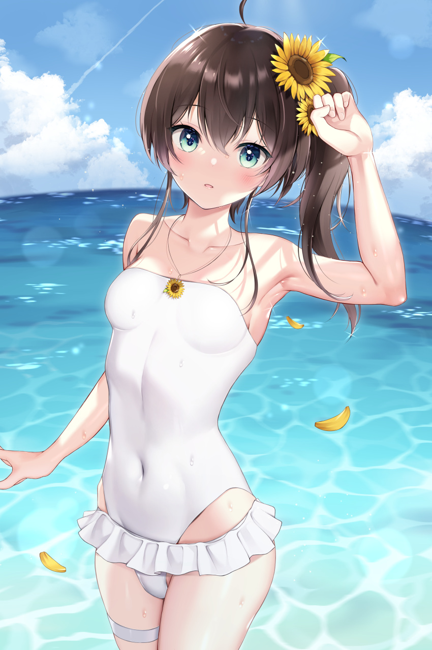 1girl absurdres ahoge aqua_eyes arm_up armpits bangs bare_arms bare_shoulders blue_sky blush breasts brown_hair casual_one-piece_swimsuit clouds collarbone covered_navel cowboy_shot day eyebrows_visible_through_hair flower hair_flower hair_ornament highres hololive jewelry lens_flare long_hair natsuiro_matsuri necklace ocean one-piece_swimsuit outdoors parted_lips sidelocks sky small_breasts smile solo strapless strapless_swimsuit sunflower_hair_ornament sunflower_petals swimsuit thigh_strap utekiro virtual_youtuber water white_swimsuit