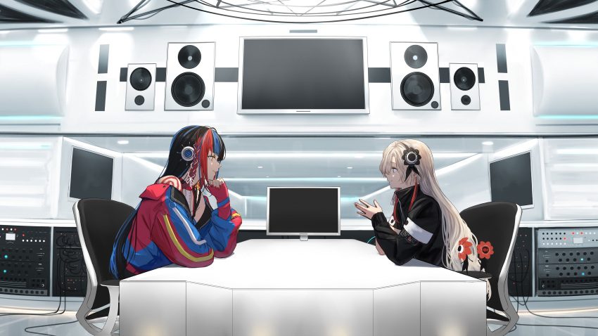 2girls absurdres arm_support asymmetrical_sleeves bare_shoulders black_hair blue_eyes blue_hair braid cable chair coat creature familiar fingerless_gloves gloves hair_ornament harusaruhi highres indoors isekai_joucho isshiki_(ffmania7) jacket kamitsubaki_studio long_hair long_sleeves looking_at_another monitor multicolored_hair multiple_girls off-shoulder_jacket off_shoulder official_art own_hands_together profile redhead side_braid silver_hair single_glove sitting smile speaker table two-tone_hair virtual_youtuber yellow_eyes