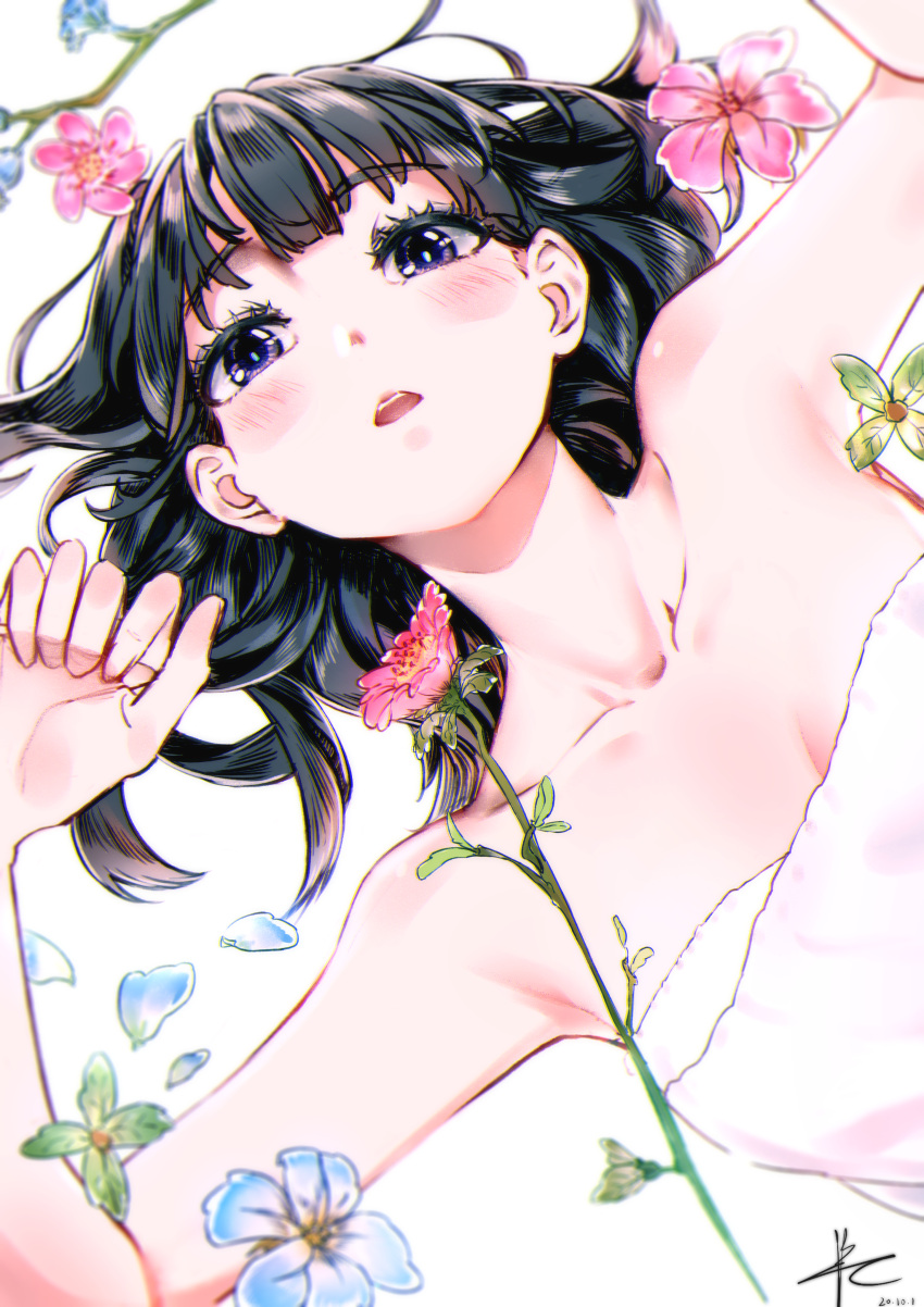 1girl absurdres armpits bangs black_hair blue_flower blush breasts collarbone commentary_request dated eyebrows_visible_through_hair eyelashes flower green_flower highres long_hair looking_at_viewer lying naked_towel on_back open_mouth original petals pink_flower ppchen signature small_breasts solo towel upper_body upper_teeth violet_eyes