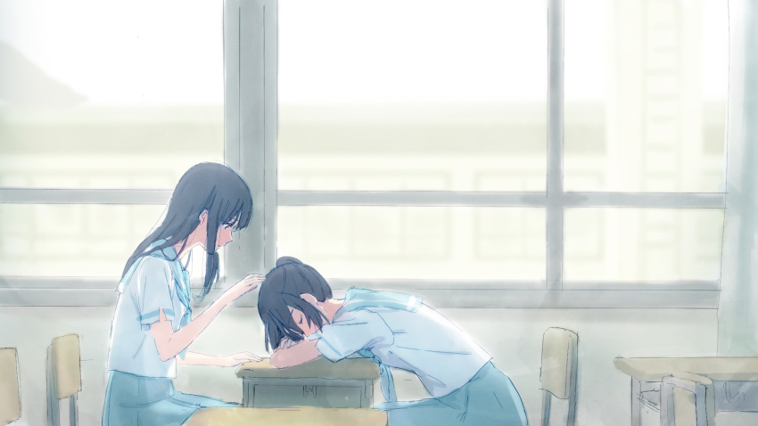 bangs black_hair blue_hair blue_neckwear blue_sailor_collar blue_skirt blurry blurry_background building chair classroom closed_eyes closed_mouth curtains desk expressionless hand_on_another's_head hand_up hibike!_euphonium highres indoors kasaki_nozomi kitauji_high_school_uniform leaning_forward liz_to_aoi_tori long_hair looking_at_another looking_down neckerchief piroaki pleated_skirt ponytail red_eyes sailor_collar school_uniform serafuku shirt short_sleeves sitting skirt sleeping white_shirt window yoroizuka_mizore