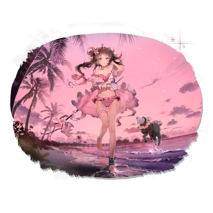 1girl animal_ears anmi arknights bare_arms bare_shoulders bikini brown_hair copyright_name eyjafjalla_(arknights) eyjafjalla_(summer_flowers)_(arknights) highres horns infection_monitor_(arknights) leg_garter long_hair looking_at_viewer off-shoulder_bikini off_shoulder official_art outdoors palm_tree pink_bikini pink_eyes pink_sky plaid plaid_bikini sheep_ears sheep_horns short_sleeves solo staff standing standing_on_one_leg swimsuit thighs transparent_background tree