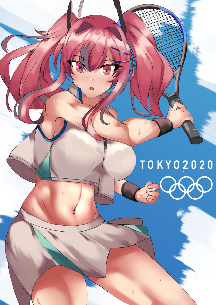 1girl 2020_summer_olympics azur_lane bangs bare_shoulders blue_background bralines breasts bremerton_(azur_lane) bremerton_(scorching-hot_training)_(azur_lane) collared_shirt commentary cowboy_shot crop_top crop_top_overhang eyebrows_visible_through_hair green_skirt grey_hair groin hair_between_eyes hair_intakes hair_ornament hairclip highres holding holding_racket large_breasts long_hair looking_at_viewer midriff multicolored_hair navel nestleo no_mole olympics open_mouth pink_eyes pink_hair racket shirt sidelocks skirt sleeveless sleeveless_shirt solo sportswear standing streaked_hair sweat tennis tennis_racket tennis_uniform twintails two-tone_background two-tone_hair two-tone_shirt two-tone_skirt white_background white_shirt white_skirt wristband x_hair_ornament