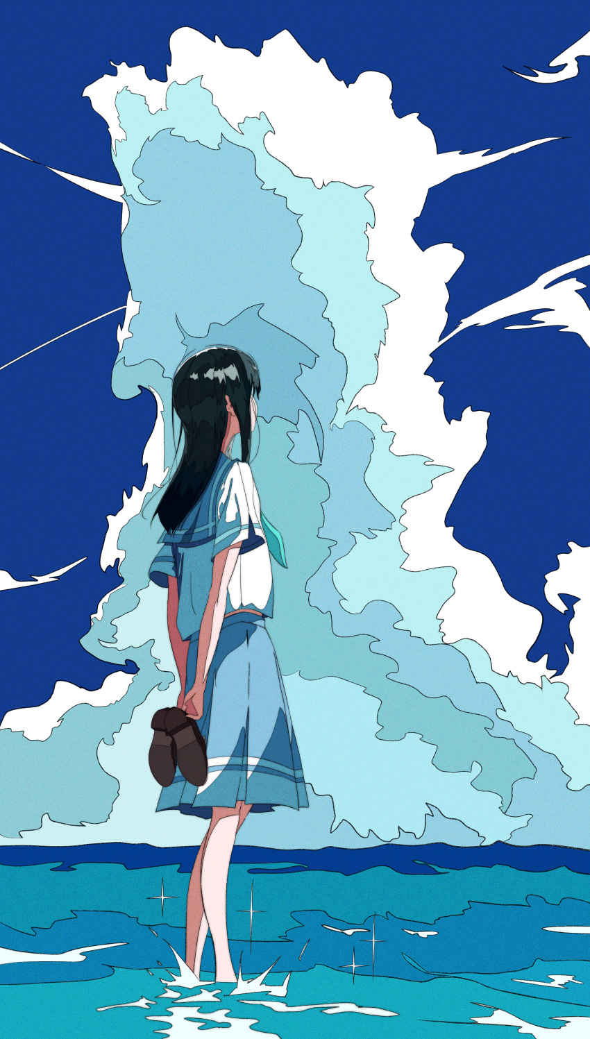 1girl absurdres arms_behind_back barefoot blue_hair blue_sailor_collar blue_skirt blue_sky brown_footwear clouds hibike!_euphonium highres holding holding_shoes jukaaa890 kitauji_high_school_uniform liz_to_aoi_tori loafers long_hair ocean outdoors pleated_skirt sailor_collar school_uniform serafuku shirt shoes short_sleeves skirt sky solo standing water white_shirt yoroizuka_mizore