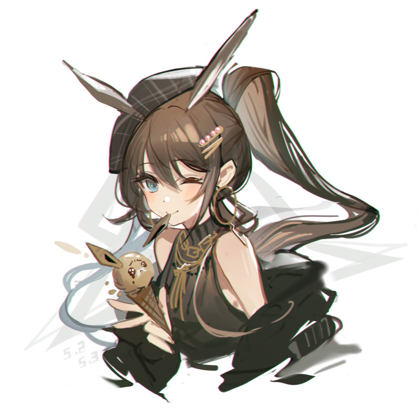 1girl alternate_costume amiya_(arknights) animal_ears arknights bangs bare_shoulders blue_eyes blush brown_hair earrings food hair_ornament hairclip hat highres ice_cream ice_cream_cone jacket jewelry off_shoulder ponytail rabbit_ears solo symbol_commentary tomato_omurice_melon turtleneck