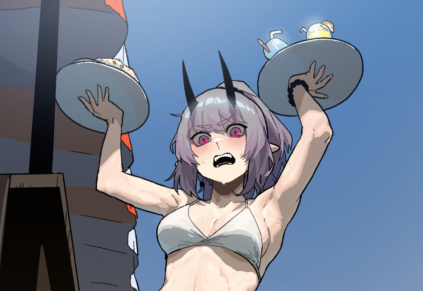 1girl bikini blue_sky breasts day gogalking hands_up holding holding_tray horns looking_at_viewer medium_breasts open_mouth outdoors pink_eyes pointy_ears ponytail sky slit_pupils solo swimsuit tray violet_eyes white_bikini wide-eyed wristband