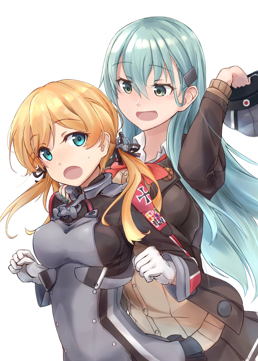 2girls anchor_hair_ornament aqua_eyes aqua_hair armor black_skirt blazer blonde_hair bow bowtie breastplate brown_skirt cardigan commentary_request gloves grey_headwear hair_ornament hairclip hat hat_removed headwear_removed highres iron_cross jacket kantai_collection long_hair low_twintails military military_uniform minosu multiple_girls orange_neckwear peaked_cap pleated_skirt prinz_eugen_(kancolle) remodel_(kantai_collection) school_uniform simple_background skirt suzuya_(kancolle) twintails uniform white_background white_gloves