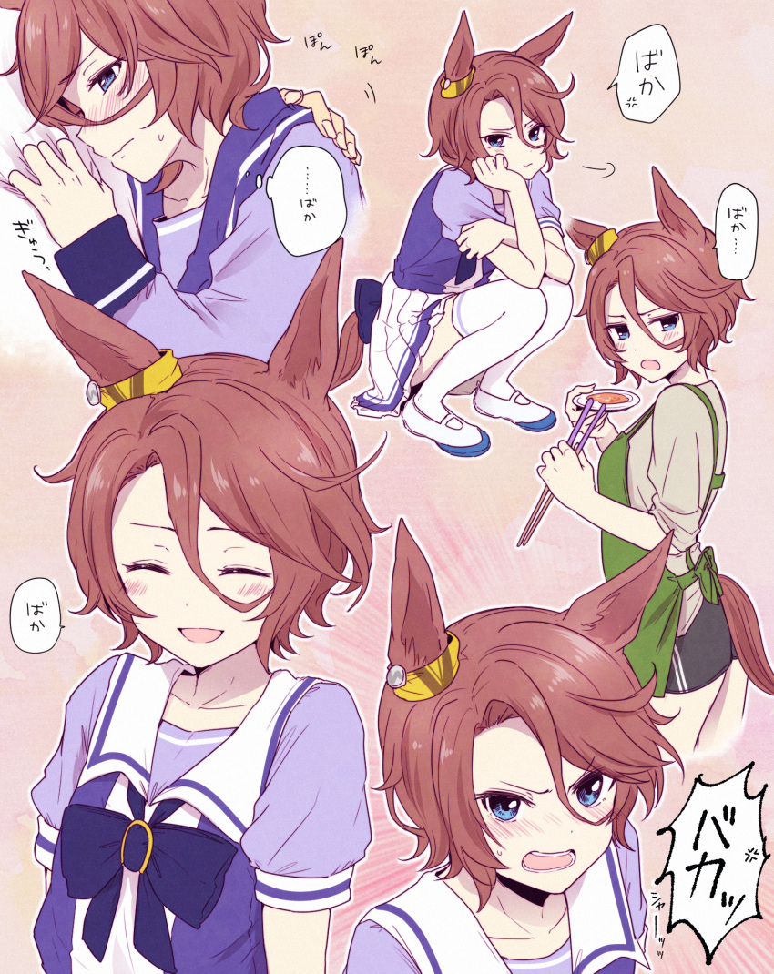 1girl :d anger_vein angry animal_ears apron ayame_iro_(toumei_dolce) blue_eyes blush bow bowtie breath brown_hair chopsticks closed_eyes collage commentary_request ear_ornament emphasis_lines frown green_apron hair_between_eyes hand_on_another's_chest hand_on_own_cheek hand_on_own_face head_rest highres holding holding_chopsticks horse_ears horse_girl horse_tail long_sleeves mary_janes multiple_views narita_taishin_(umamusume) open_mouth pleated_skirt purple_shirt sailor_collar school_uniform serafuku shirt shoes short_hair short_sleeves skirt sleeves_rolled_up smile spoken_anger_vein squatting tail tasting thigh-highs tracen_school_uniform translation_request umamusume white_footwear white_legwear