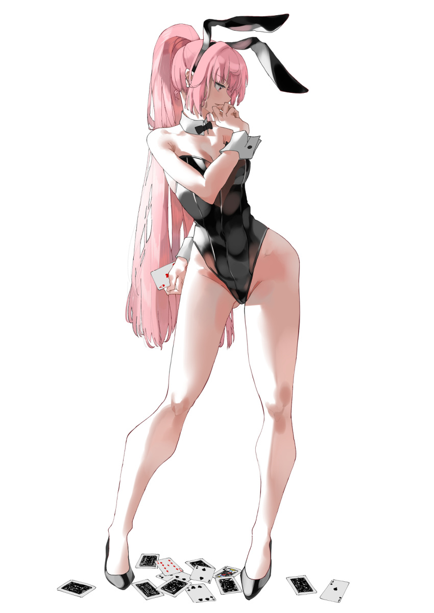 1girl animal_ears ass_visible_through_thighs bare_legs bare_shoulders bow bowtie card contrapposto detached_collar ekitabu_hosii girls_frontline groin_tendon high_heels high_ponytail highres leotard long_hair looking_away ntw-20_(girls_frontline) pink_hair playboy_bunny playing_card ponytail rabbit_ears solo strapless strapless_leotard very_long_hair white_background wrist_cuffs
