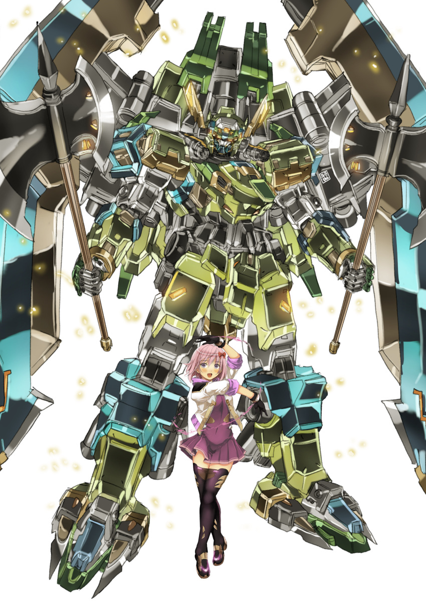 1girl absurdres axe bangs black_footwear black_gloves bow breasts dress dual_wielding garimpeiro gloves glowing glowing_eyes hair_bow head_tilt highres holding holding_axe jacket mecha mechanical_wings open_hands open_mouth orange_eyes original pose purple_dress purple_hair red_bow science_fiction short_hair small_breasts smile standing thigh-highs violet_eyes white_background white_jacket wings