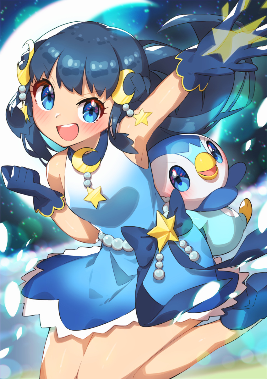 1girl :d absurdres arm_up bangs blue_dress blue_eyes blue_footwear blue_gloves blue_hair clenched_hand commentary_request crescent crescent_hair_ornament hikari_(pokemon) dress eyebrows_visible_through_hair eyelashes floating_hair gen_4_pokemon gloves gradient_dress hair_ornament highres leg_up looking_at_viewer open_mouth piplup pokemon pokemon_(anime) pokemon_(creature) pokemon_swsh_(anime) shoes sleeveless sleeveless_dress smile taisa_(lovemokunae) tongue upper_teeth