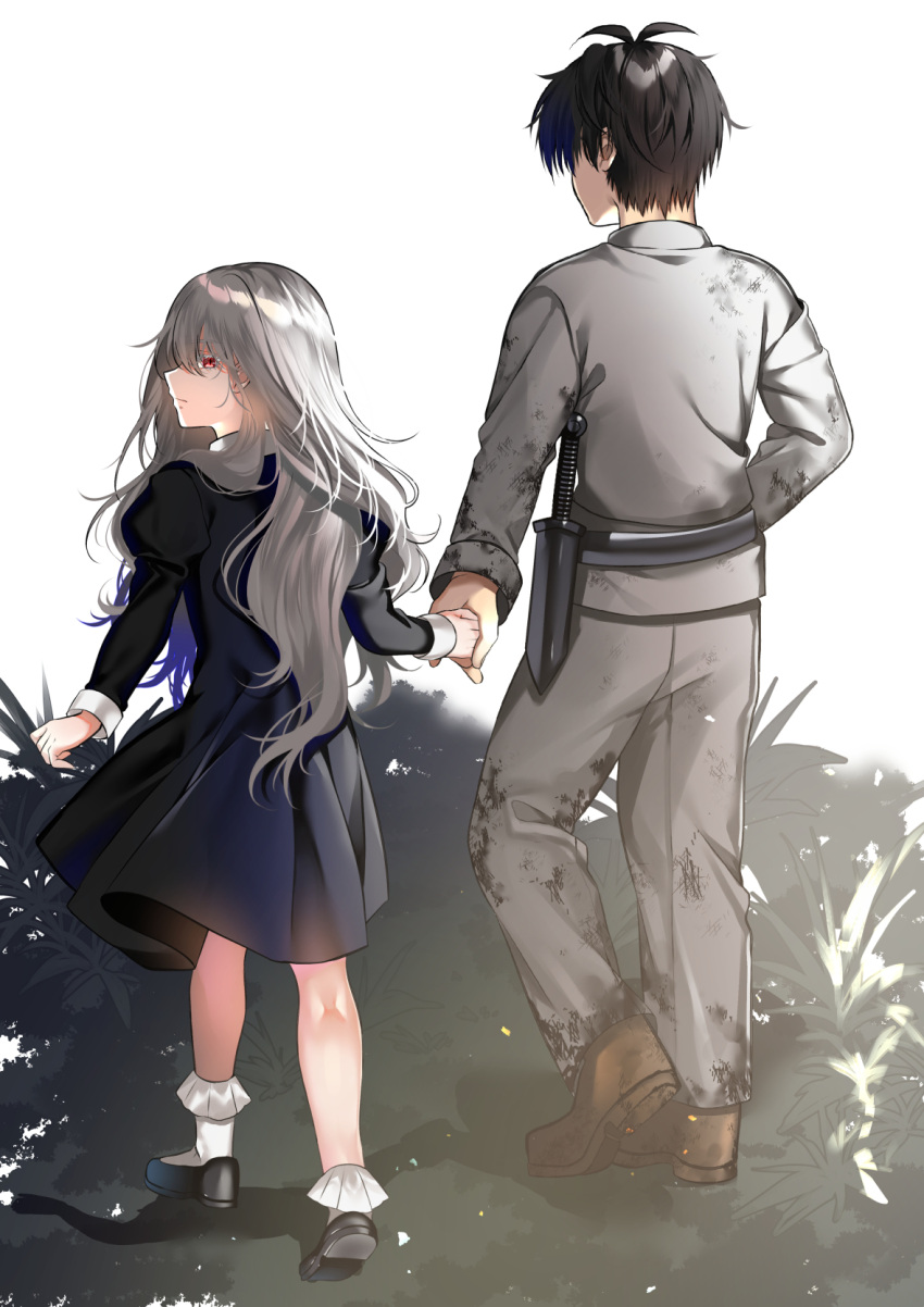 1boy 1girl black_dress black_footwear bobby_socks brown_footwear commentary_request copyright_request dress from_behind grey_hair grey_jacket grey_pants highres holding_hands jacket juliet_sleeves long_hair long_sleeves monaka_natsume official_art pants pleated_dress puffy_sleeves shoe_soles shoes simple_background socks very_long_hair walking white_background white_legwear