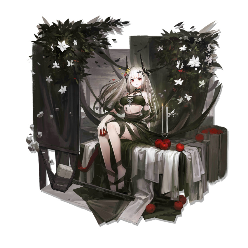 1girl apple arknights bangs bare_legs bare_shoulders barefoot bikini black_bikini black_choker breasts choker flower food fruit hair_flower hair_ornament hammer heibaise_jiangshi highres holding holding_food holding_fruit horns large_breasts long_hair looking_at_viewer mudrock_(arknights) mudrock_(silent_night)_(arknights) official_art pointy_ears red_eyes silver_hair sitting solo swimsuit transparent_background very_long_hair weapon white_flower