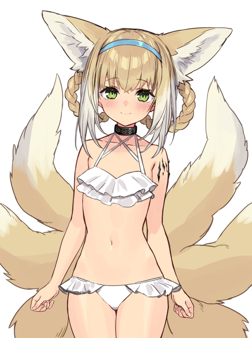 1girl alternate_costume animal_ears arknights bikini blonde_hair blush braid closed_mouth commentary cowboy_shot criss-cross_halter earpiece eyebrows_visible_through_hair flat_chest fox_ears fox_girl fox_tail frilled_bikini frills green_eyes hair_between_eyes hair_rings hairband halterneck highres infection_monitor_(arknights) looking_at_viewer medium_hair multicolored_hair multiple_tails navel oripathy_lesion_(arknights) sigm@ simple_background smile solo stomach streaked_hair suzuran_(arknights) swimsuit tail two-tone_hair white_background white_bikini white_hair
