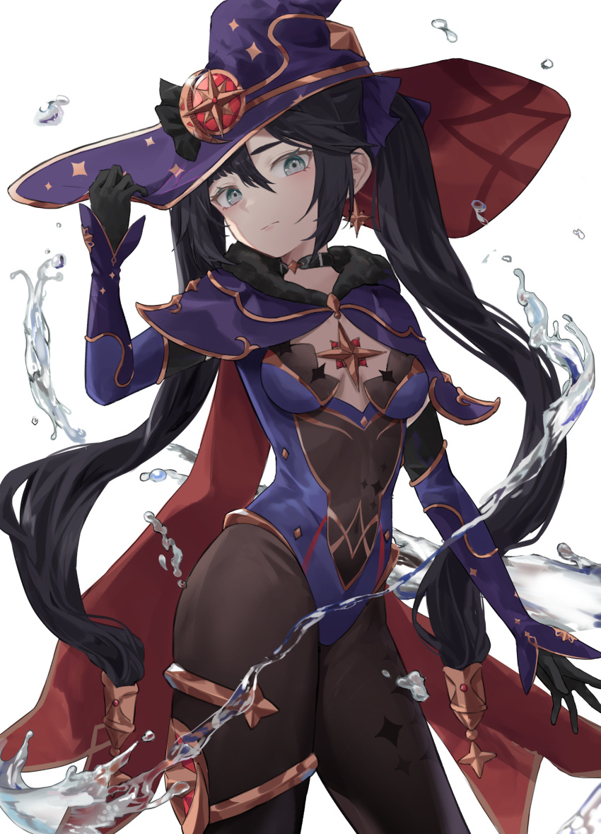 1girl absurdres black_choker black_gloves black_hair black_legwear breasts cape choker contrapposto cowboy_shot genshin_impact gloves gold_trim hand_on_headwear hat highres jenmin12 leotard long_hair long_sleeves looking_at_viewer mona_(genshin_impact) pantyhose purple_leotard revision simple_background small_breasts solo standing twintails very_long_hair water white_background witch_hat