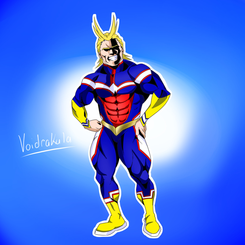 1boy abs absurdres all_might antenna_hair blonde_hair blue_background bodysuit boku_no_hero_academia border covered_eyes gradient gradient_background highres looking_at_viewer male_focus muscular pectorals self_upload shaded_face skin_tight solo superhero thighs voidrakula