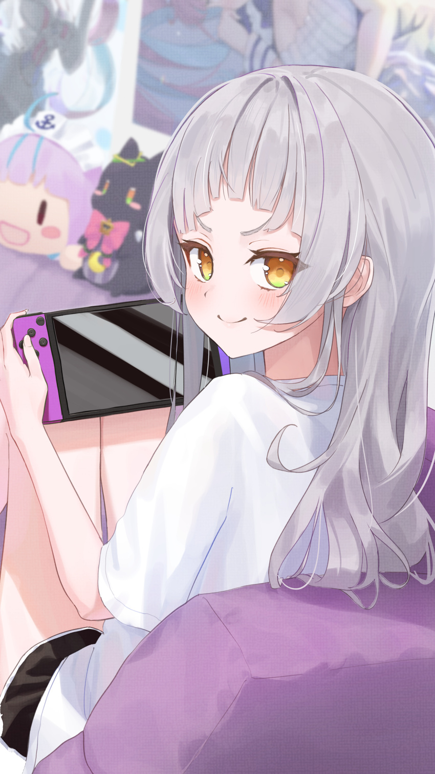 &gt;:) 1girl absurdres blush character_doll from_behind hair_down handheld_game_console highres hiraki_noboru holding holding_handheld_game_console hololive long_hair looking_at_viewer looking_back murasaki_shion nintendo_switch short_eyebrows silver_hair sitting smile smug solo straight_hair v-shaped_eyebrows virtual_youtuber yellow_eyes