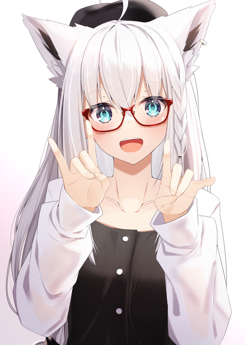 1girl :d absurdres ahoge animal_ears bangs blue_eyes borumete braid casual collarbone commentary_request eyebrows_visible_through_hair fox_ears glasses hair_between_eyes hat highres hololive huge_filesize long_hair long_sleeves looking_at_viewer open_mouth shirakami_fubuki sidelocks simple_background single_braid smile solo virtual_youtuber white_background white_hair