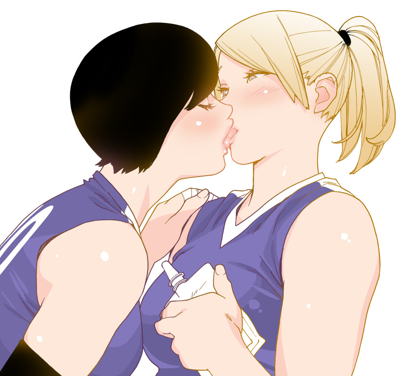 2girls bandaged_fingers bandages black_hair blonde_hair closed_eyes commentary_request eyebrows_behind_hair french_kiss hand_on_another's_shoulder highres kishi_torajirou kiss looking_at_another multiple_girls original ponytail short_hair sportswear volleyball_uniform yuri