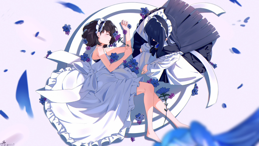 2girls absurdres apron bare_arms bare_legs barefoot black_hair blue_flower blurry blurry_foreground brooch brown_hair closed_eyes commentary_request dated falling_petals flower from_above full_body highres jewelry long_hair lying maid maid_apron maid_headdress multiple_girls on_side original parted_lips petals ppchen purple_flower short_hair signature white_apron